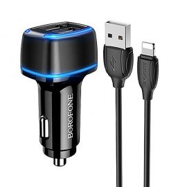 Автомобильное зарядное устройство USB Borofone BZ14 (2.4A/2 порта/кабель Lightning) <черный>