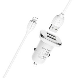Автомобильное зарядное устройство USB Borofone BZ12 (2.4A/2 порта USB/кабель Lightning) <белый>