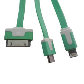 Кабель USB 3 в 1 iPhone 2 + iPhone lightning + MicroUSB плоский узкий <зеленый>