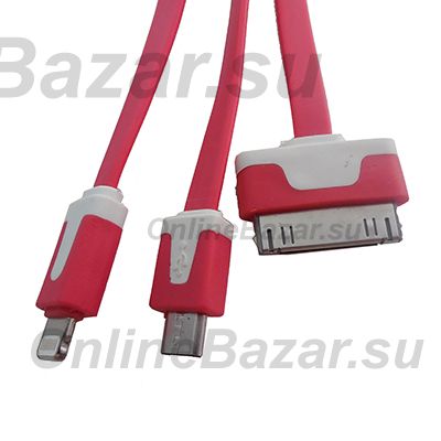 Кабель USB 3 в 1 iPhone 2 + iPhone lightning + MicroUSB плоский узкий <красный> ― OnlineBazar.su