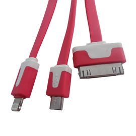 Кабель USB 3 в 1 iPhone 2 + iPhone lightning + MicroUSB плоский узкий <красный>