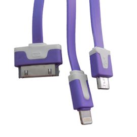 Кабель USB 3 в 1 iPhone 2 + iPhone lightning + MicroUSB плоский узкий <фиолетовый>