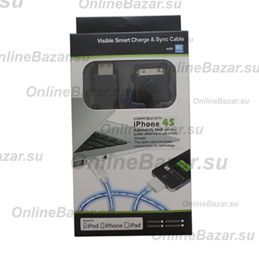 Кабель USB Apple iPhone 2/3/4 плоский светящийся <черно-синий> ― OnlineBazar.su