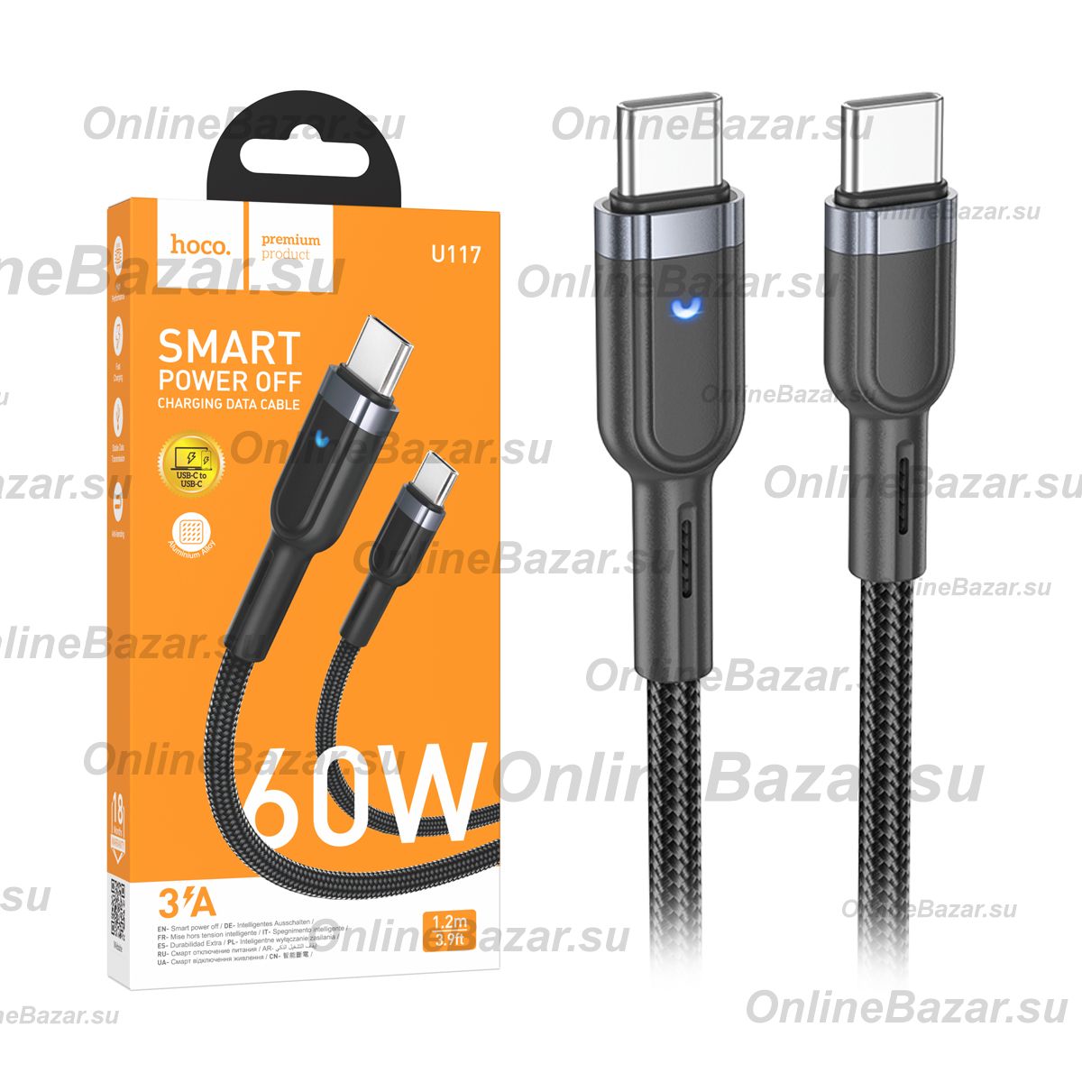 Кабель USB-C Type-C Hoco U117 (60W/интеллектуальное отключение) <черный> ― OnlineBazar.su