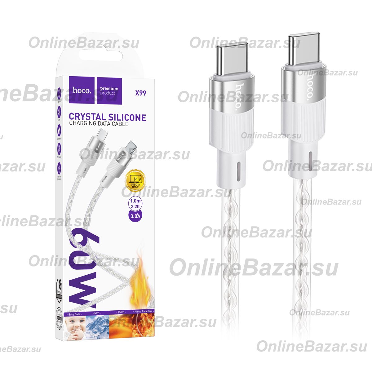 Кабель USB-C Type-C Hoco X99 (3A/60W/PD/прозрачный силикон/термостойкий) <серый> ― OnlineBazar.su