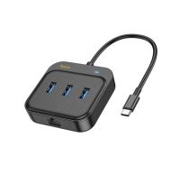 Адаптер Type-C Hoco HB35 Gigabit Ethernet (3 порта USB 3.0/RJ45/0,2 м) <черный>  ― OnlineBazar.su