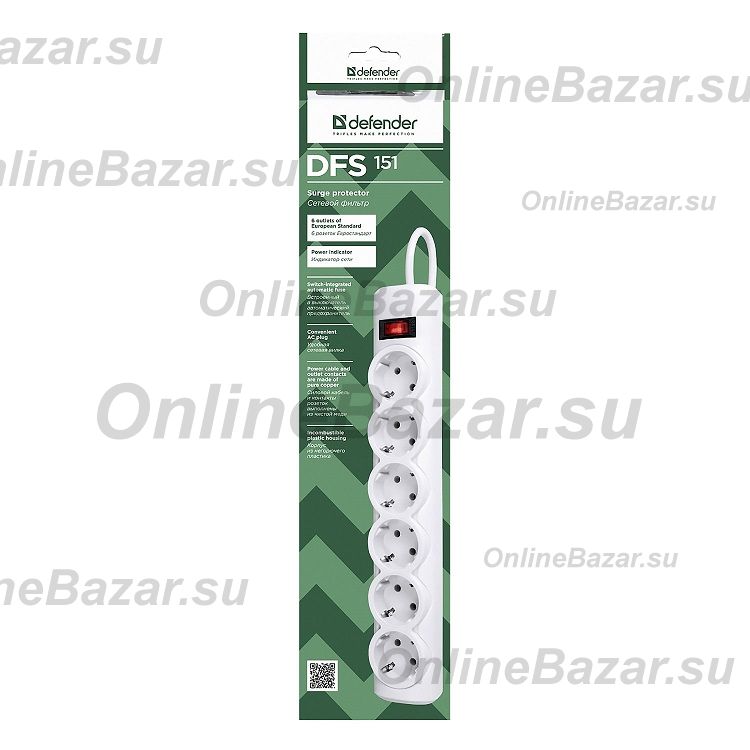 Сетевой фильтр Defender DFS 151 (6 розеток/1,8 м.) <белый> ― OnlineBazar.su