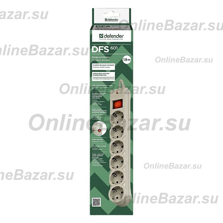Сетевой фильтр Defender DFS 601 (6 розеток/1,8 м.) <белый> ― OnlineBazar.su