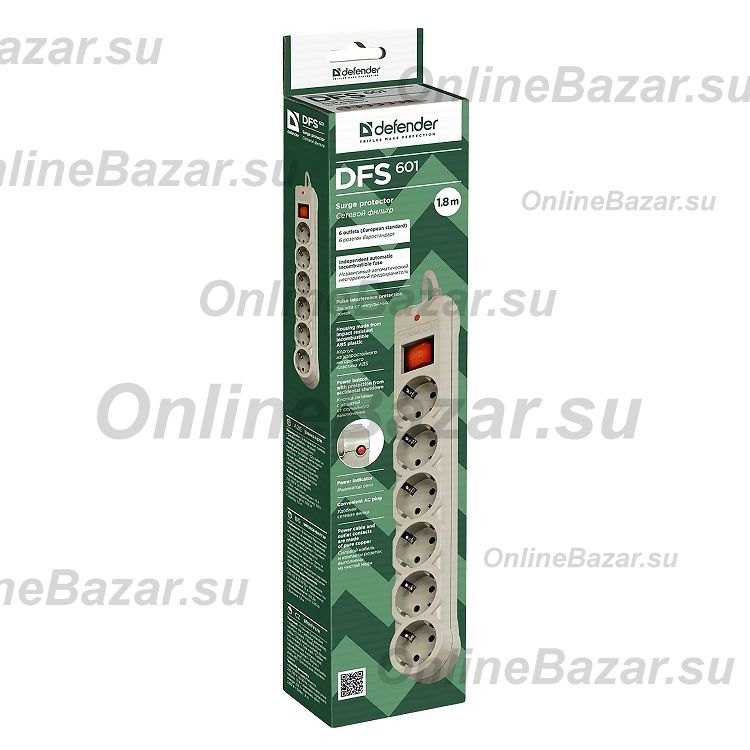 Сетевой фильтр Defender DFS 601 (6 розеток/1,8 м.) <белый> ― OnlineBazar.su