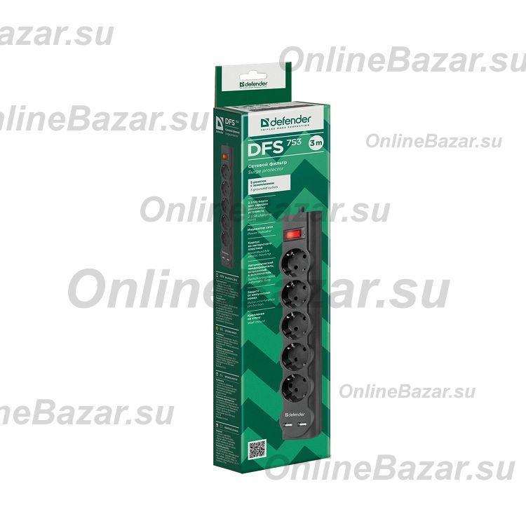 Сетевой фильтр Defender DFS 753 (5 розеток/2 порта USB/3м.) <черный> ― OnlineBazar.su