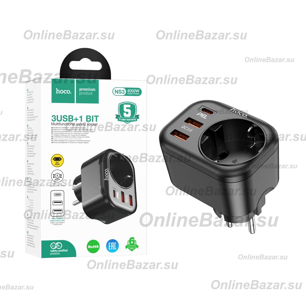 Сетевой фильтр Hoco NS3 (4000W/1 розетка/2 порта USB/QС3.0/порт USB-C PD) <черный> ― OnlineBazar.su